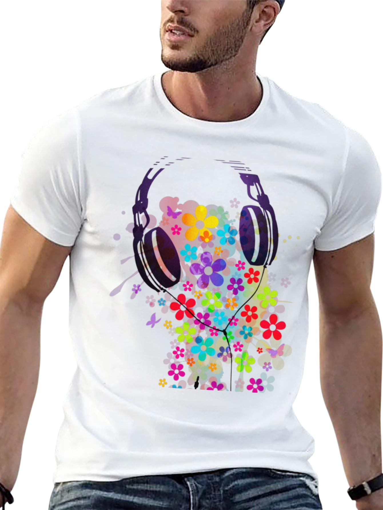 Floral Headphones Mens Graphic Tee