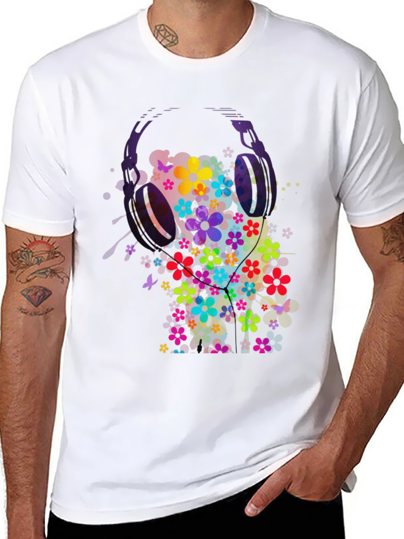 Floral Headphones Mens Graphic Tee