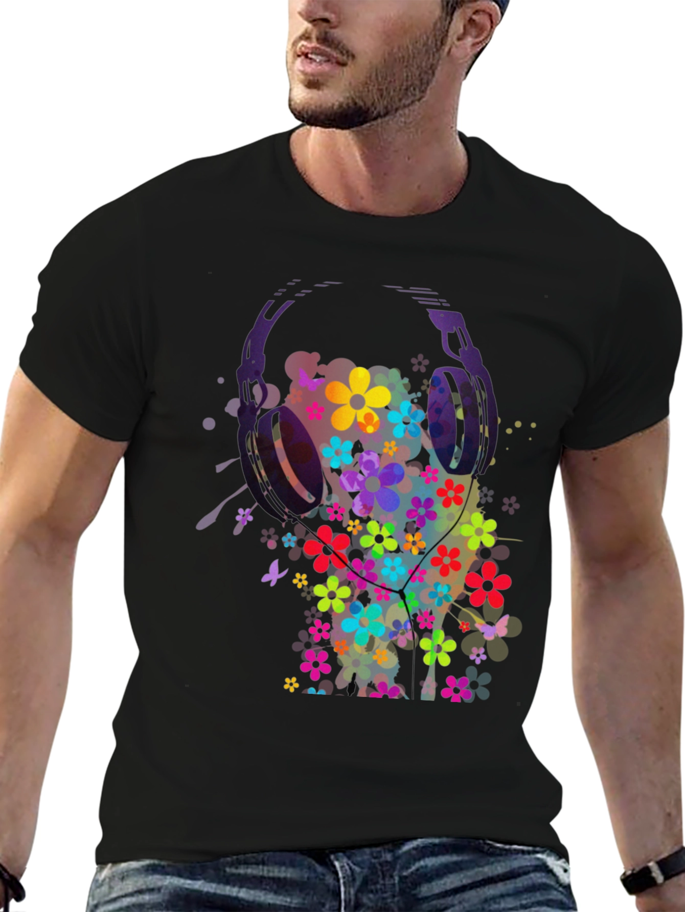 Floral Headphones Mens Graphic Tee