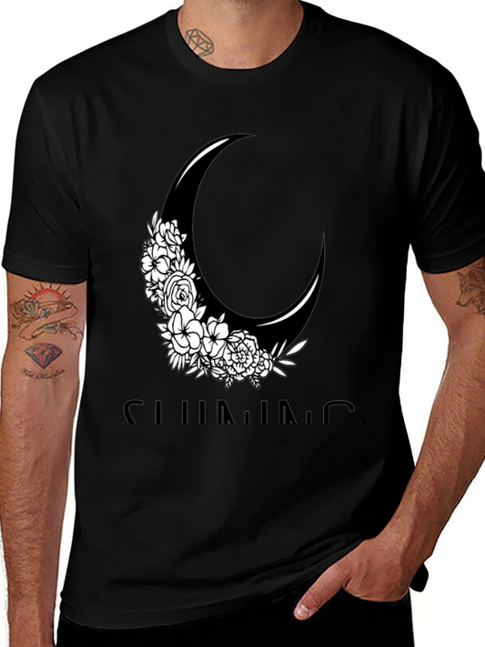 Floral Crescent Moon Graphic Tee - Black Cotton Casual Shirt
