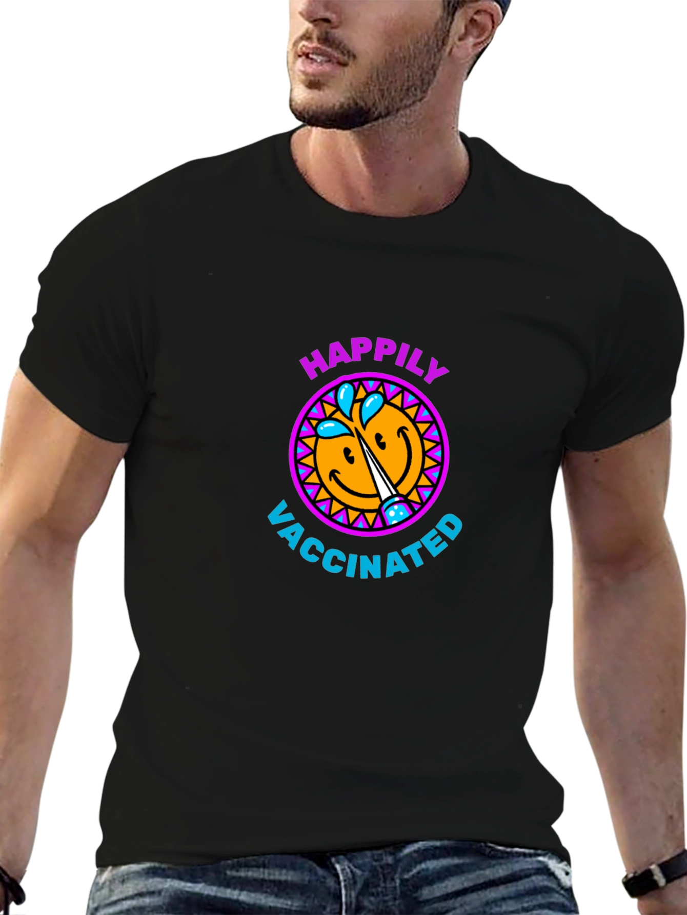 Happily Vaccinated Smiley Face Graphic T-Shirt