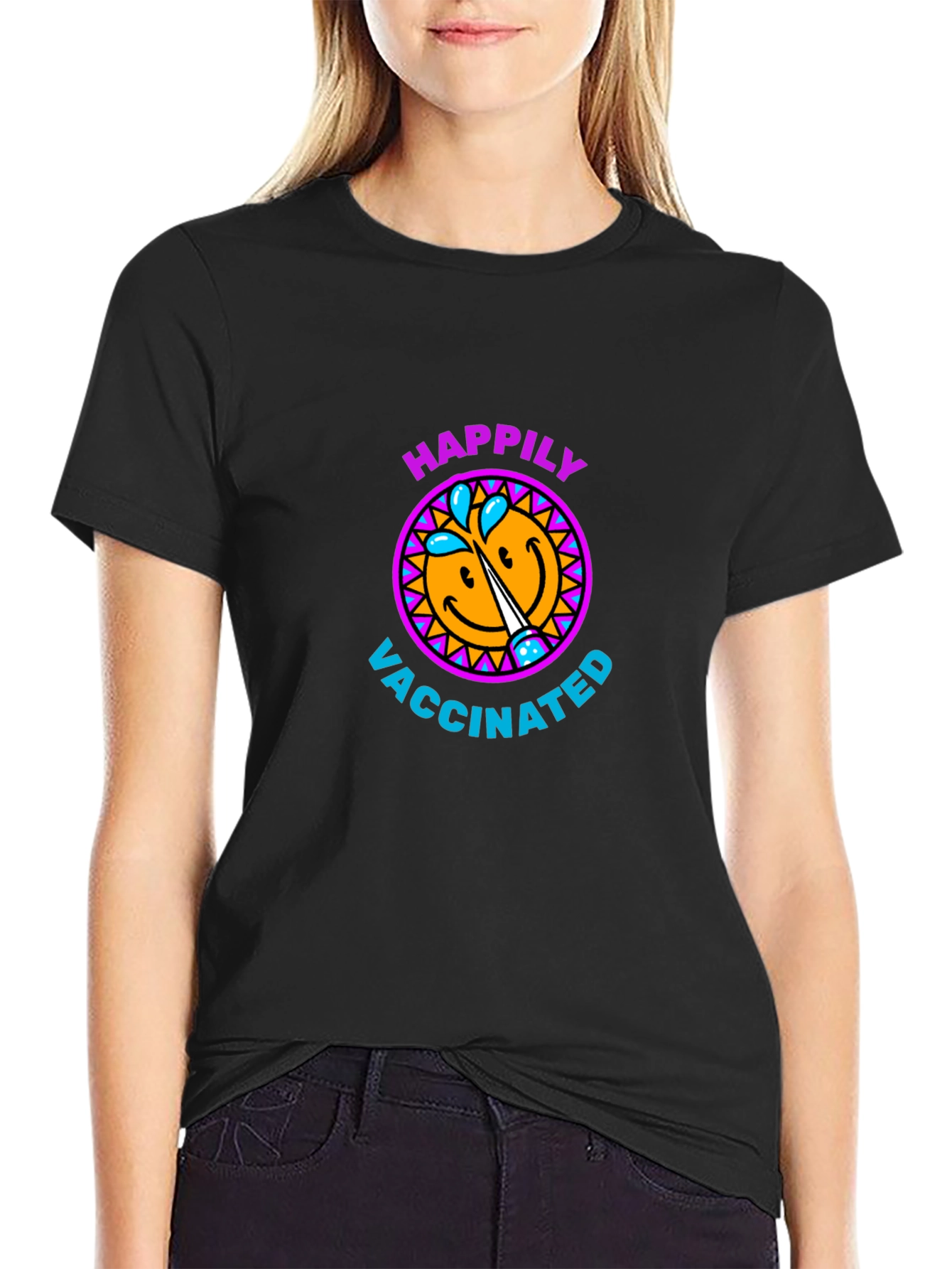 Happily Vaccinated Smiley Face Graphic T-Shirt