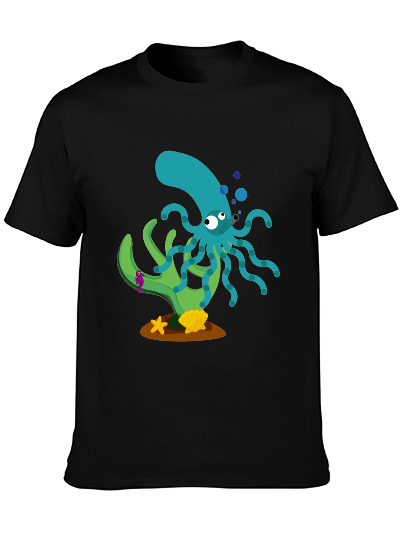 Cartoon Octopus Graphic Print Black T-Shirt