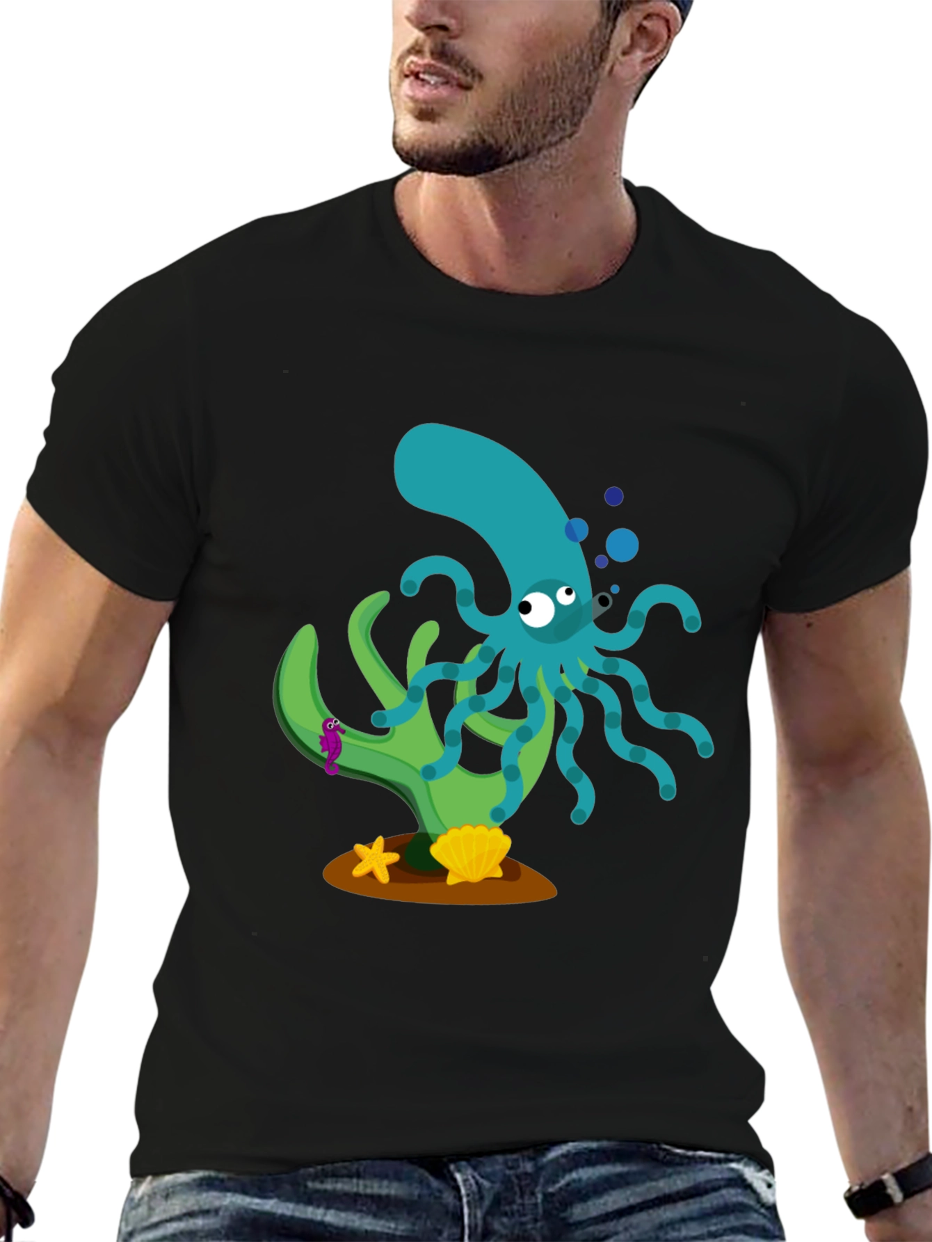 Cartoon Octopus Graphic Print Black T-Shirt