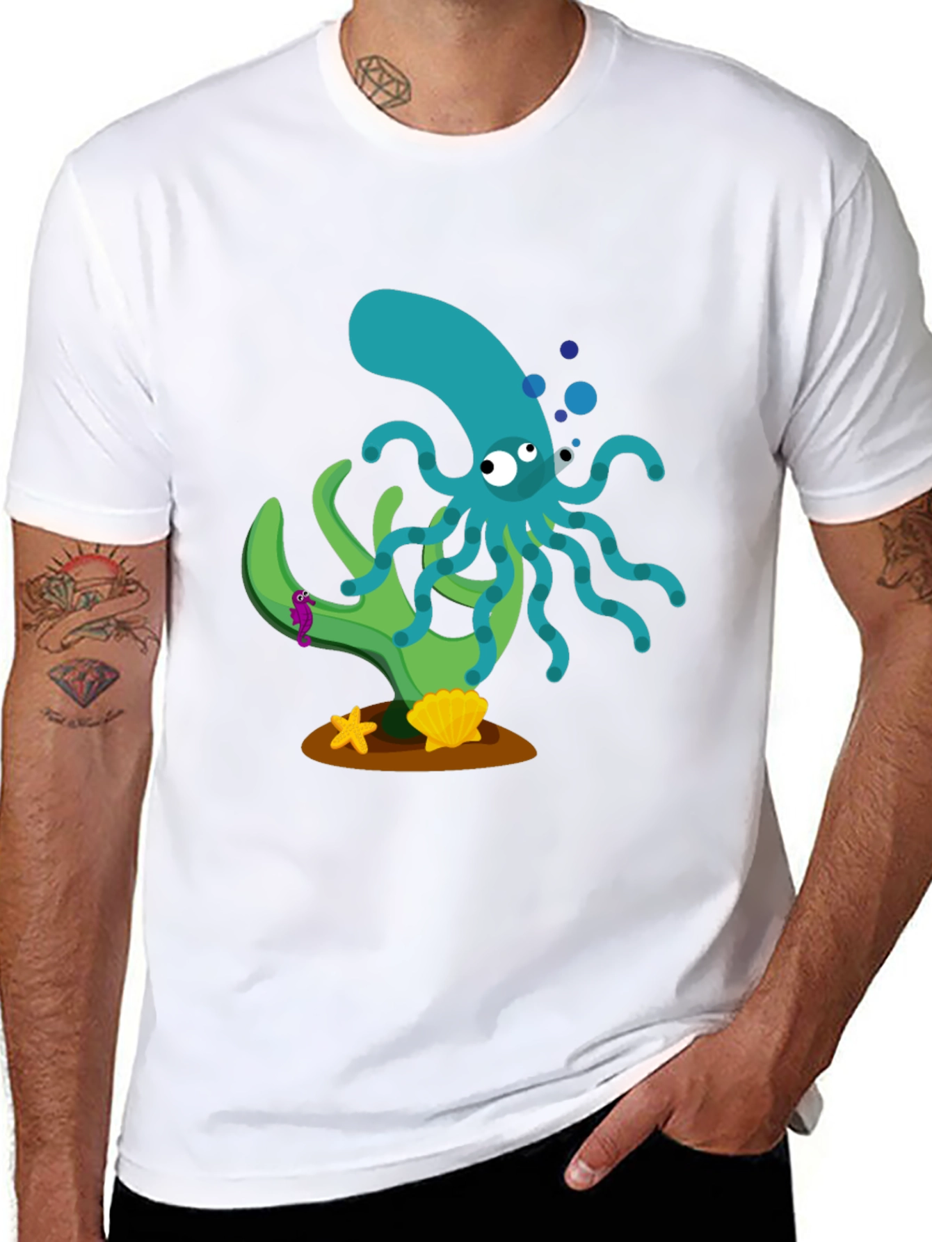 Cartoon Octopus Graphic Print Black T-Shirt