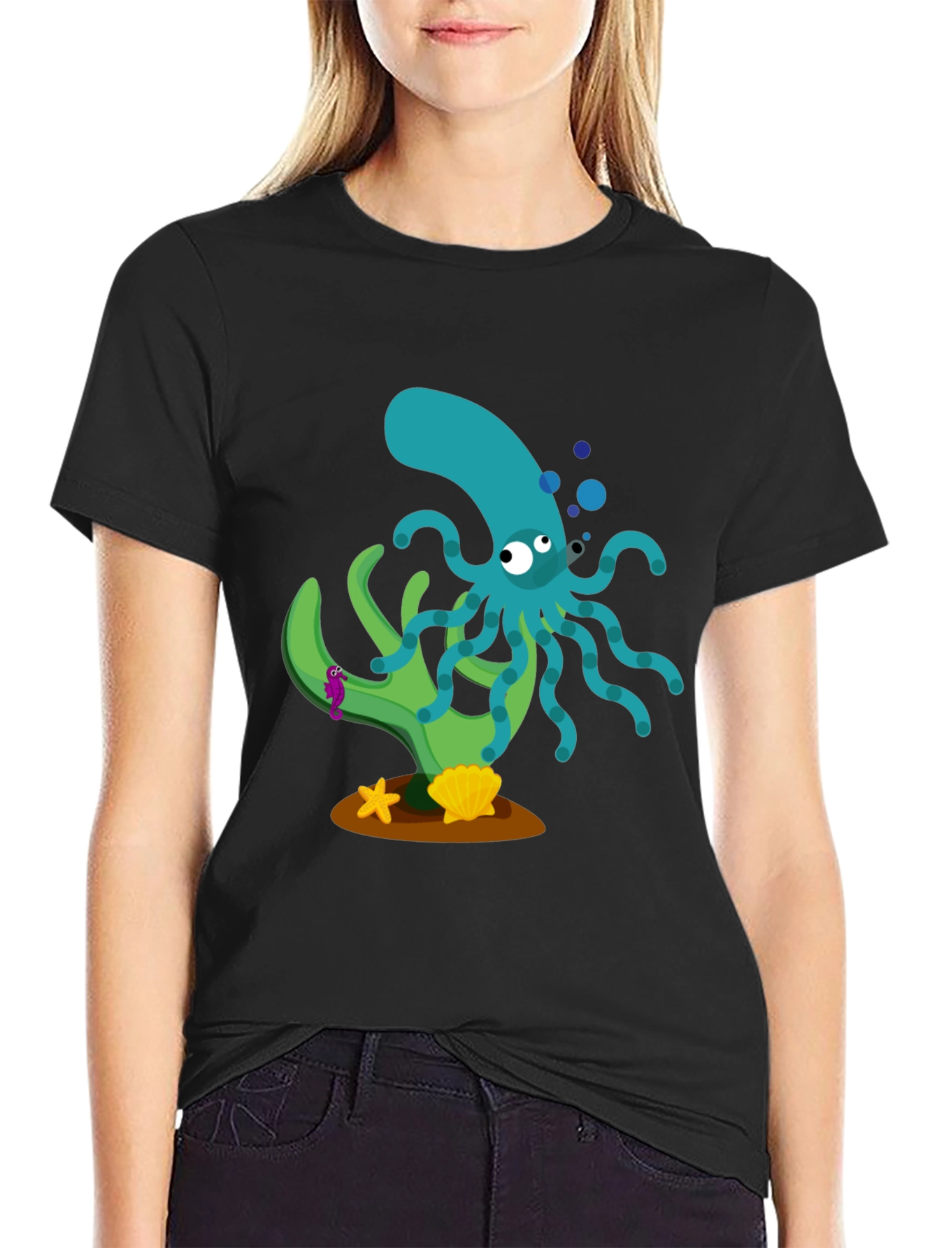 Cartoon Octopus Graphic Print Black T-Shirt