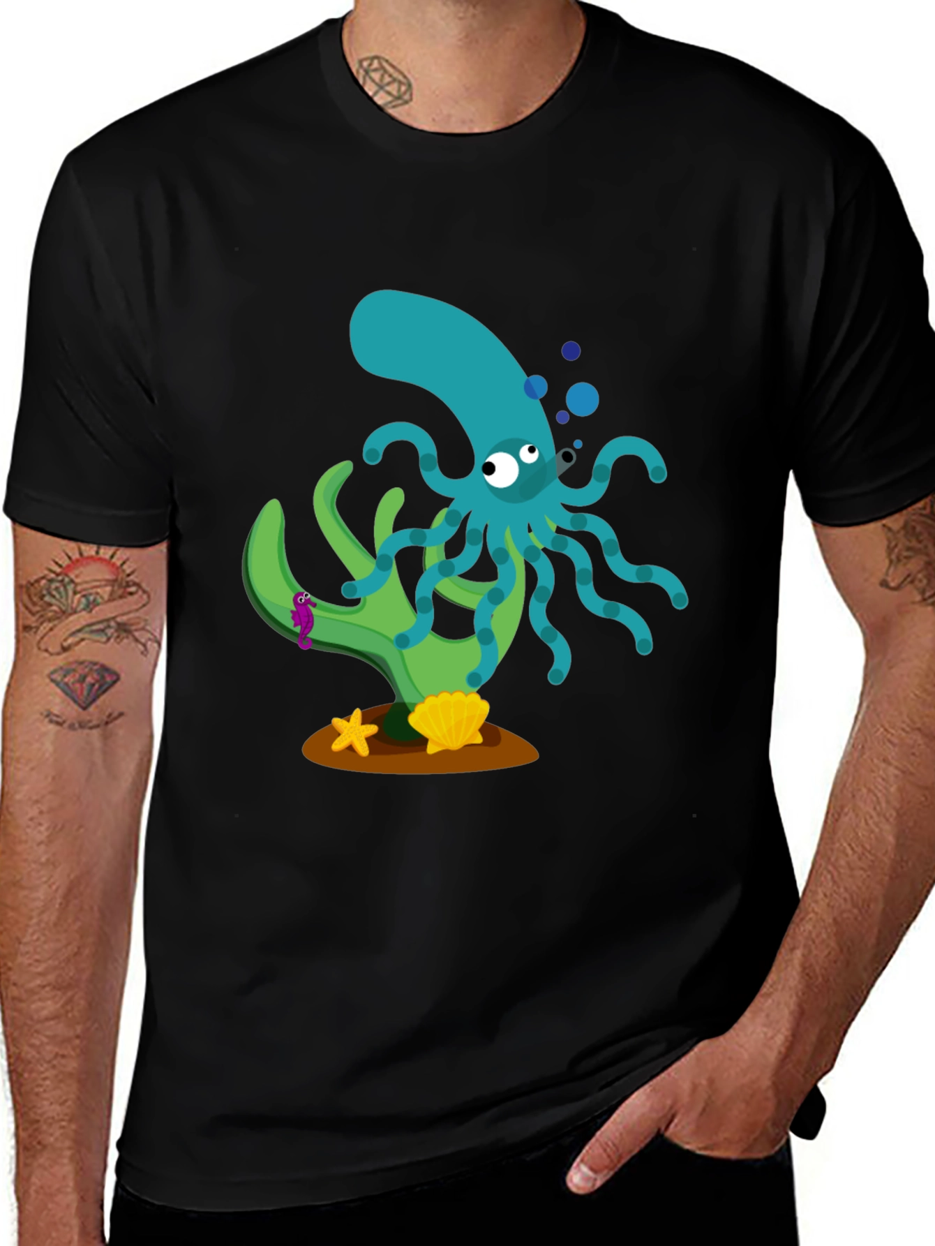 Cartoon Octopus Graphic Print Black T-Shirt