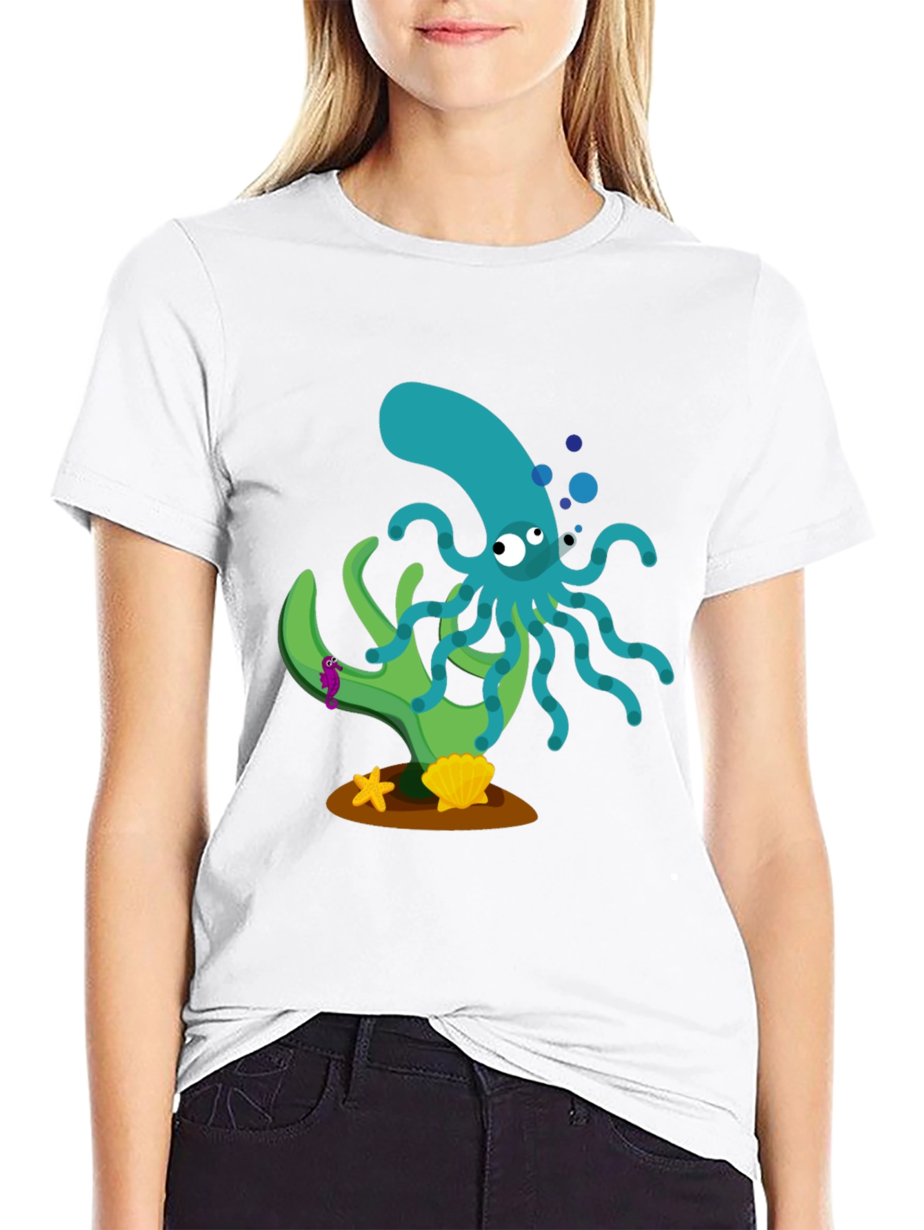 Cartoon Octopus Graphic Print Black T-Shirt