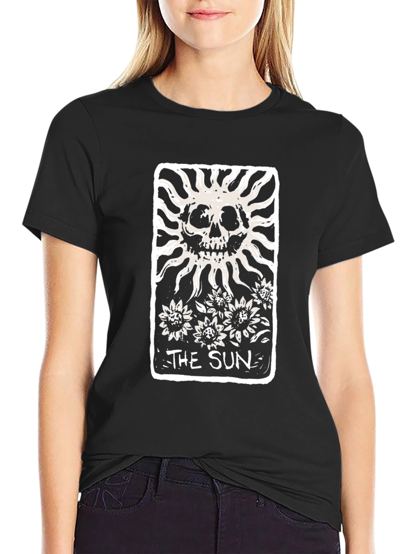 The Sun Tarot Card Skull Graphic Black T-Shirt
