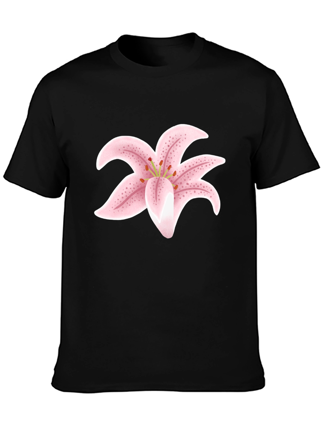 Black T-Shirt with Pink Lily Flower Design