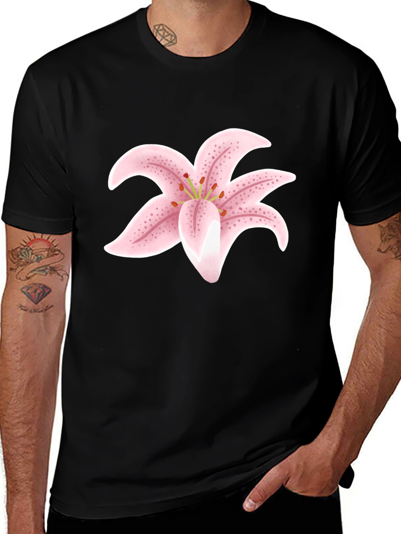 Black T-Shirt with Pink Lily Flower Design