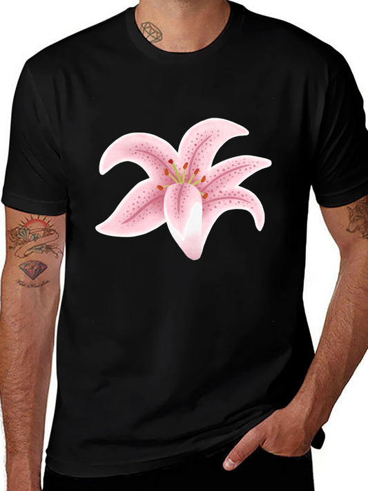 Black T-Shirt with Pink Lily Flower Design
