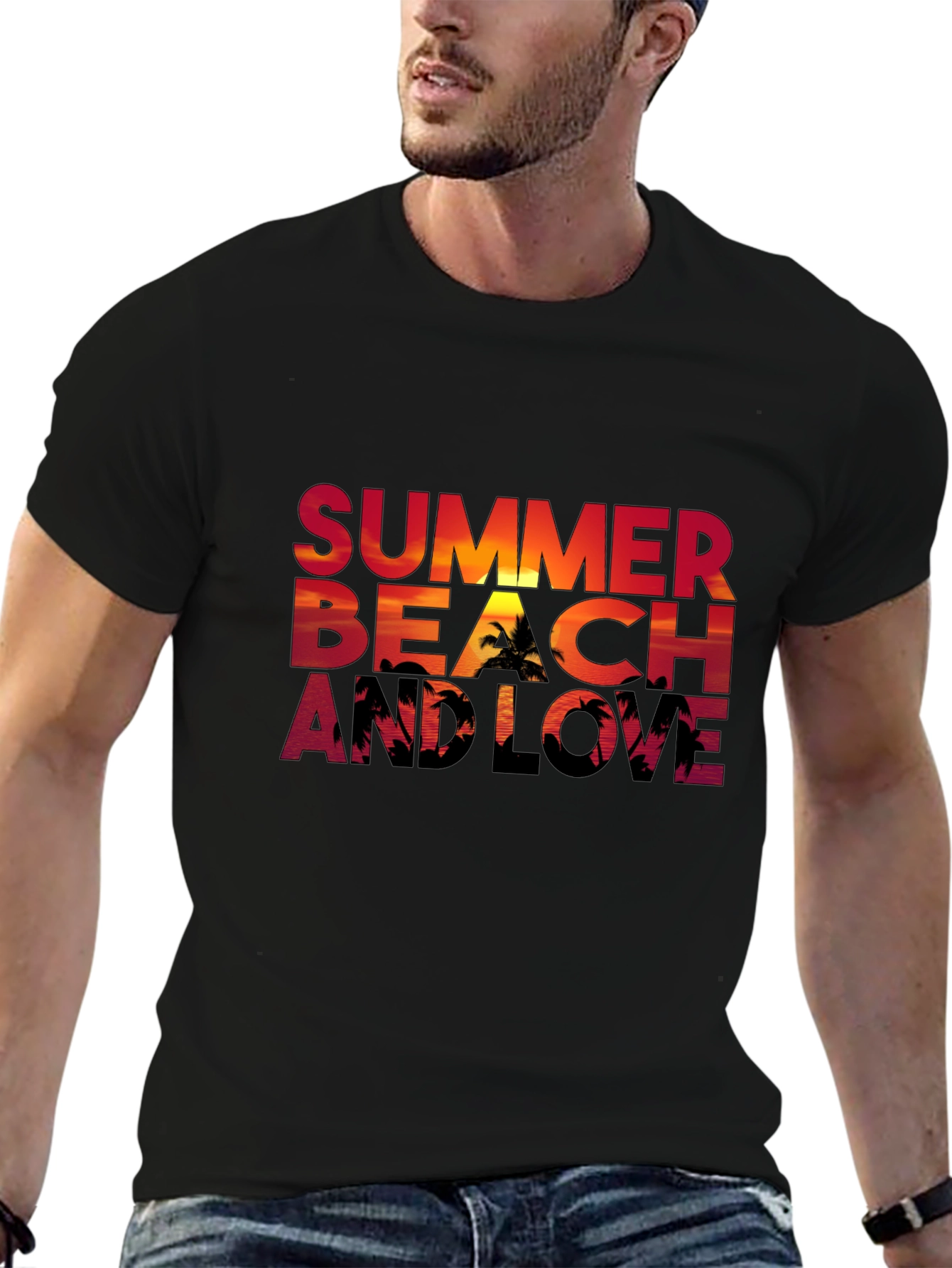 Summer Beach and Love Graphic Black T-Shirt