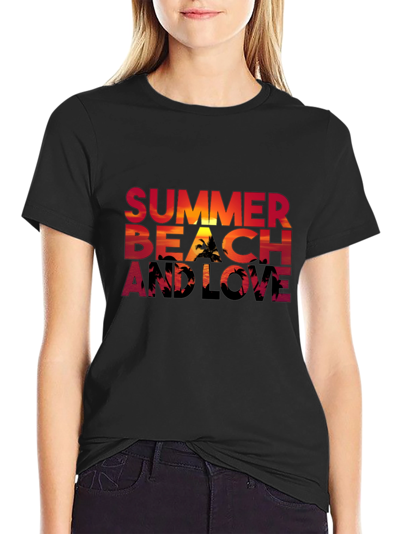 Summer Beach and Love Graphic Black T-Shirt