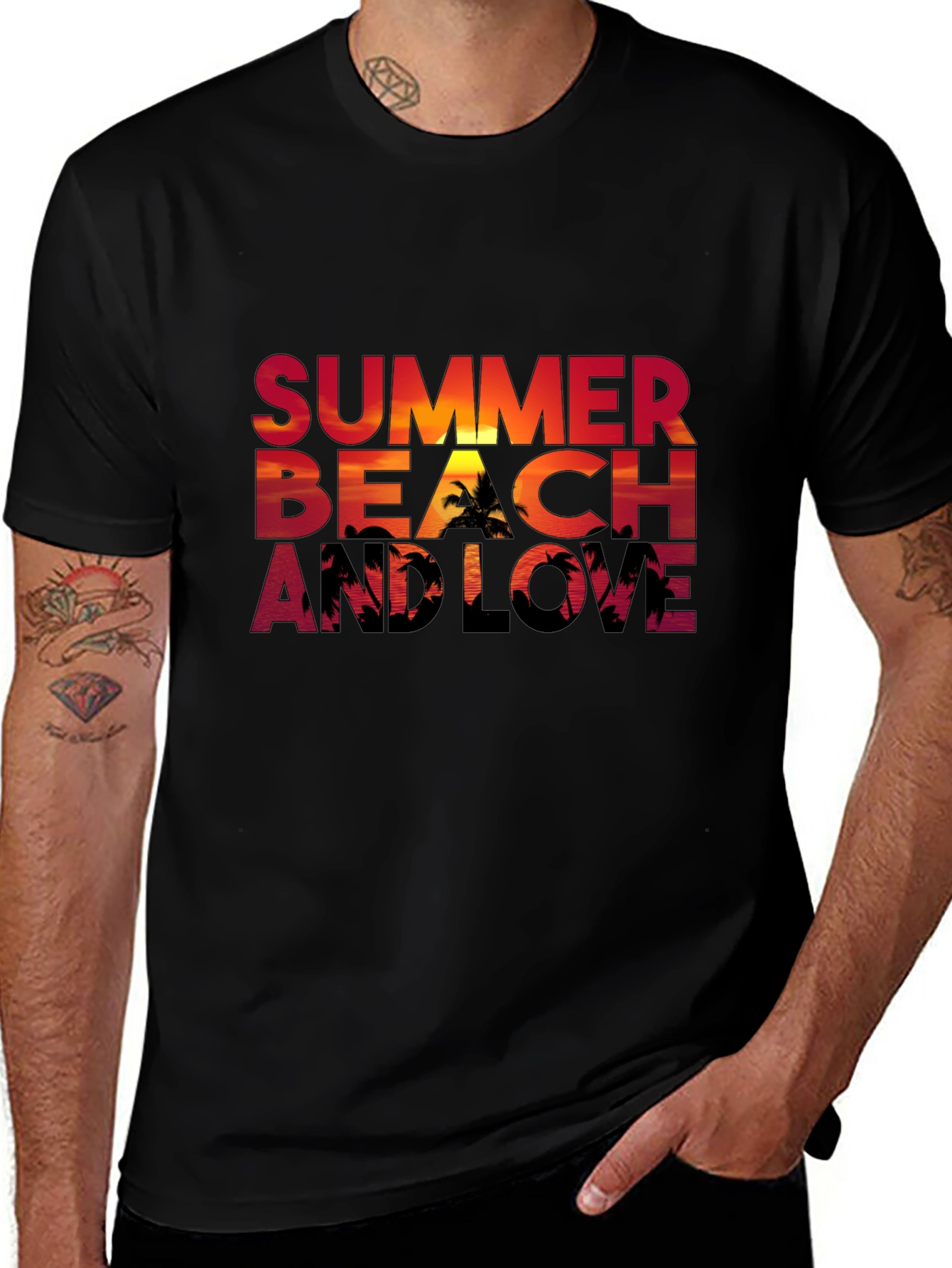 Summer Beach and Love Graphic Black T-Shirt