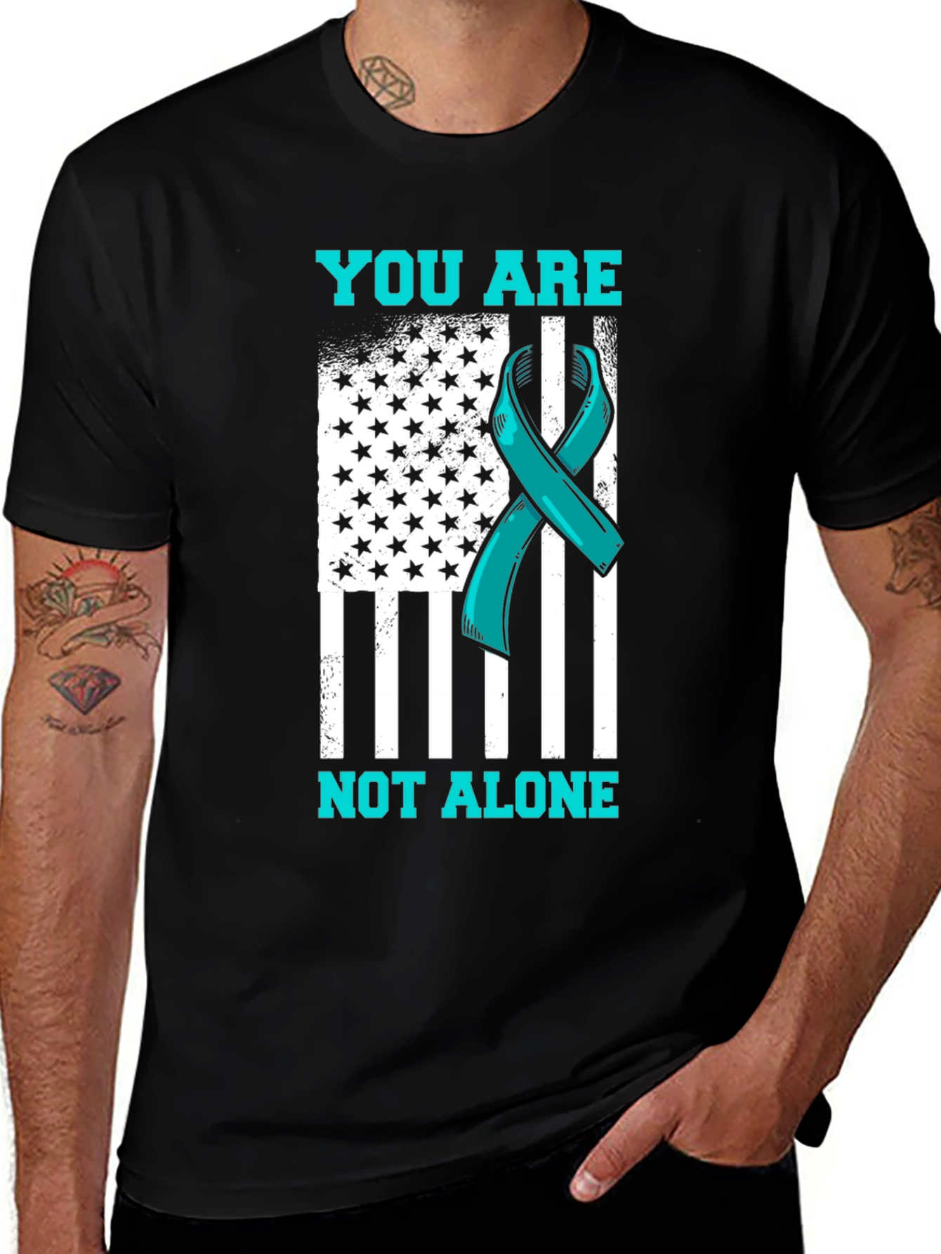 Teal Ribbon American Flag Graphic T-Shirt