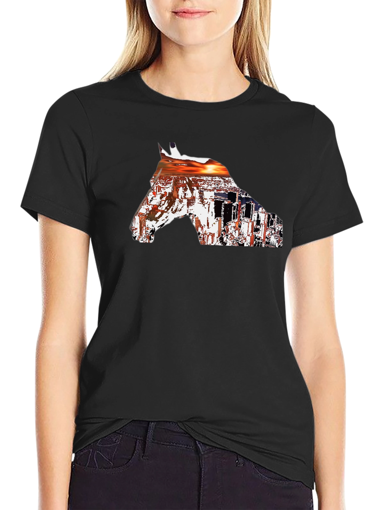 Horse Sunset Graphic Tee - Black Cotton Blend
