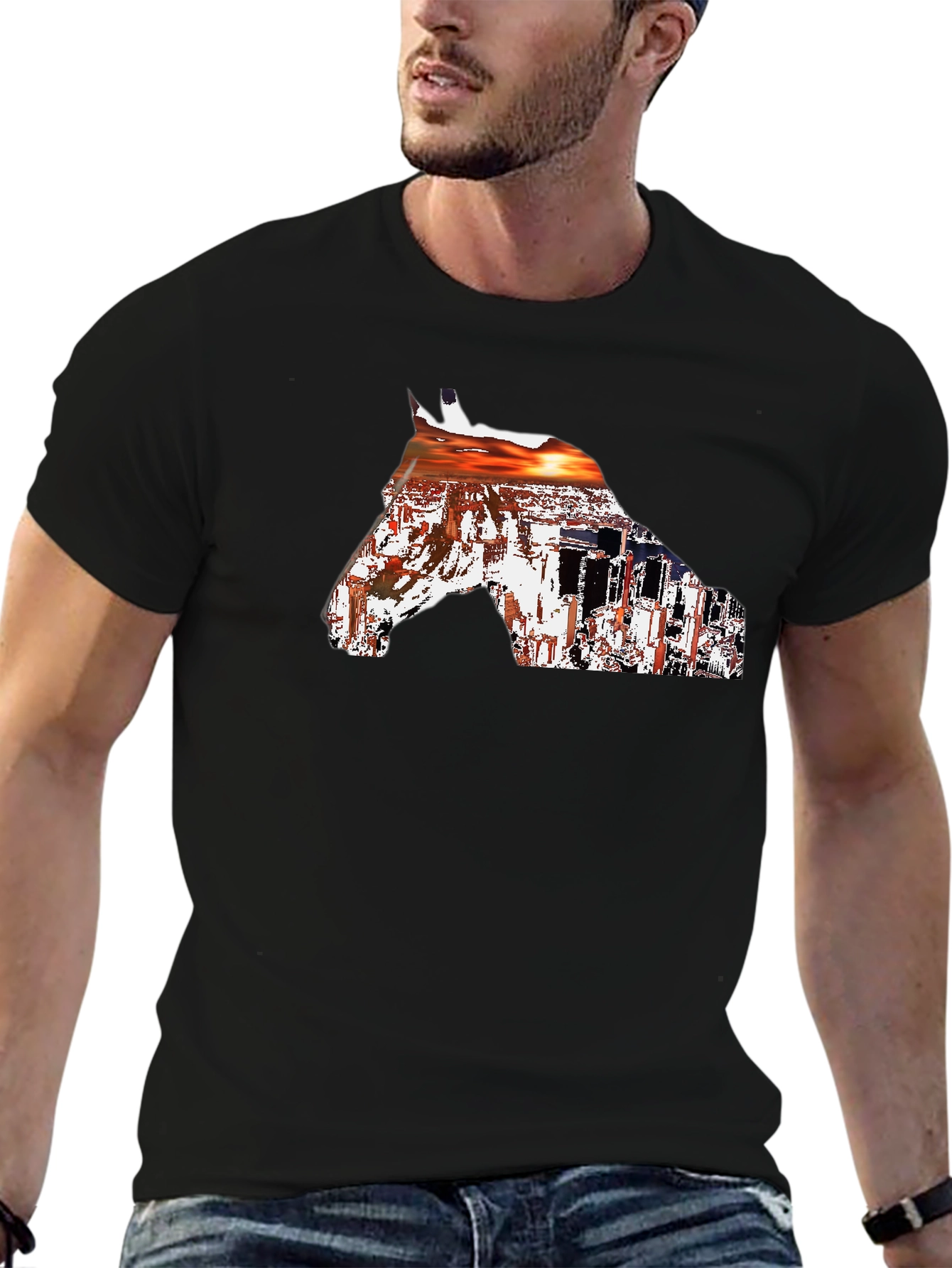 Horse Sunset Graphic Tee - Black Cotton Blend
