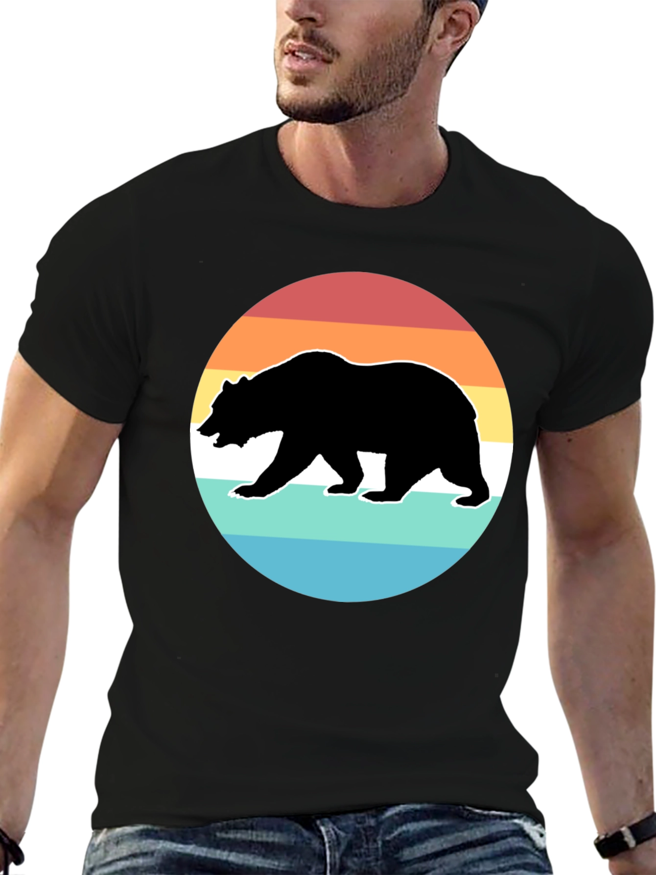 Retro Bear Sunset Graphic T-Shirt - Black