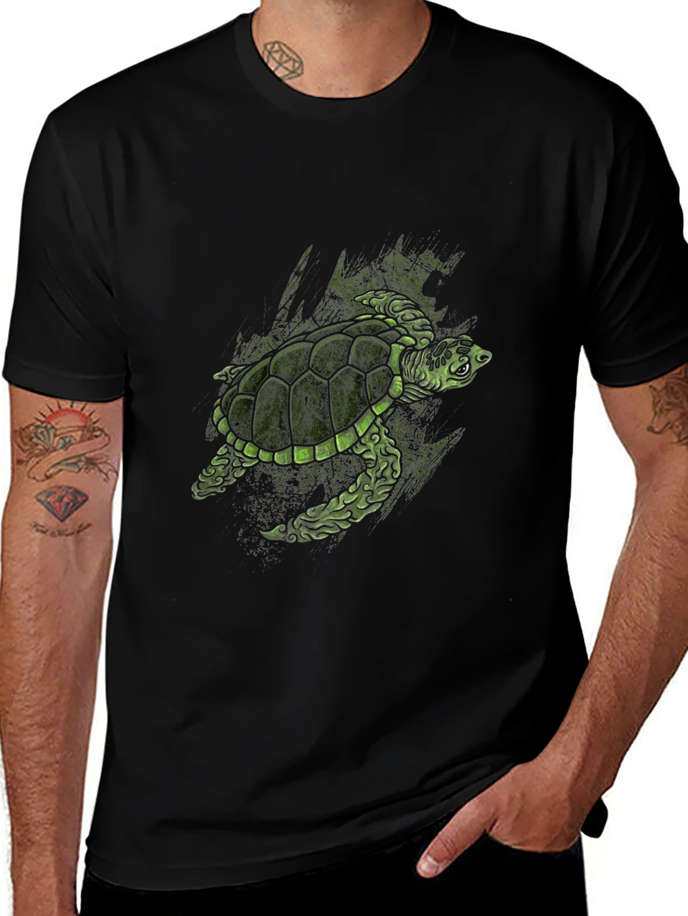 Green Turtle Graphic Print Black T-Shirt