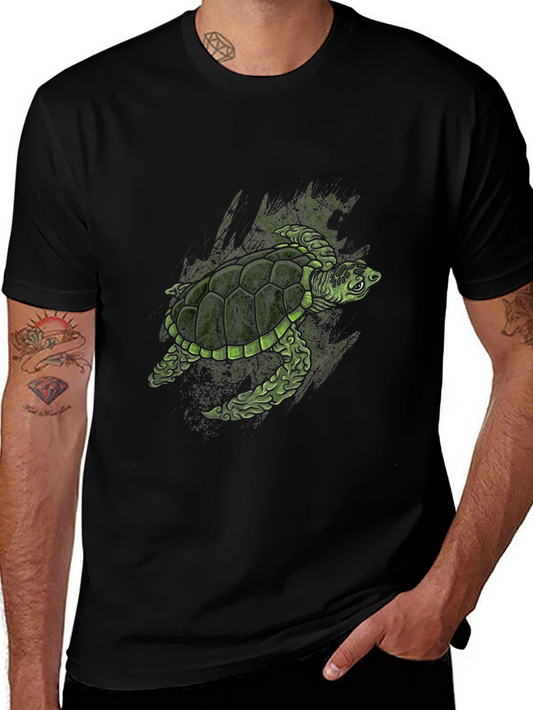 Green Turtle Graphic Print Black T-Shirt