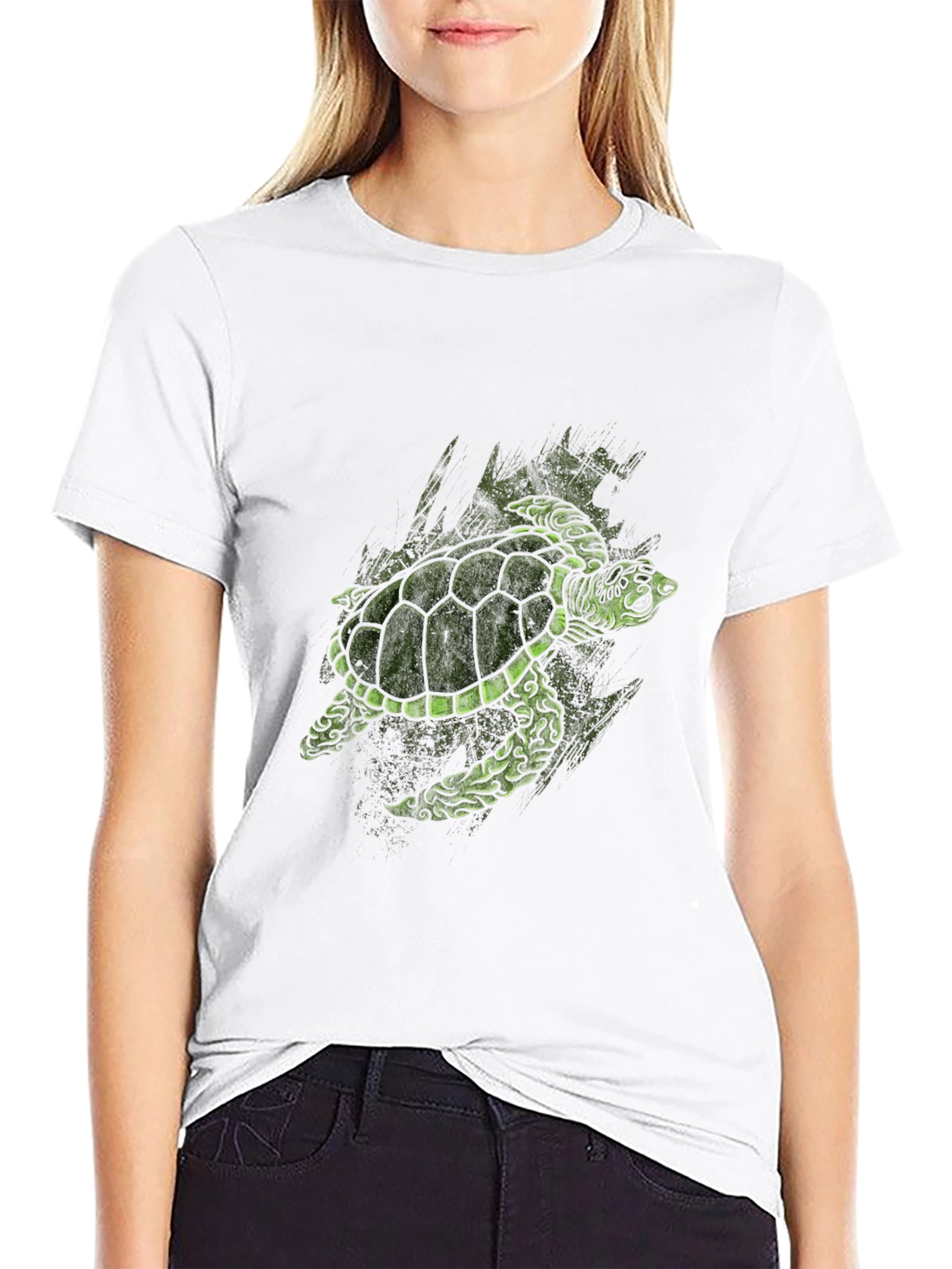 Green Turtle Graphic Print Black T-Shirt