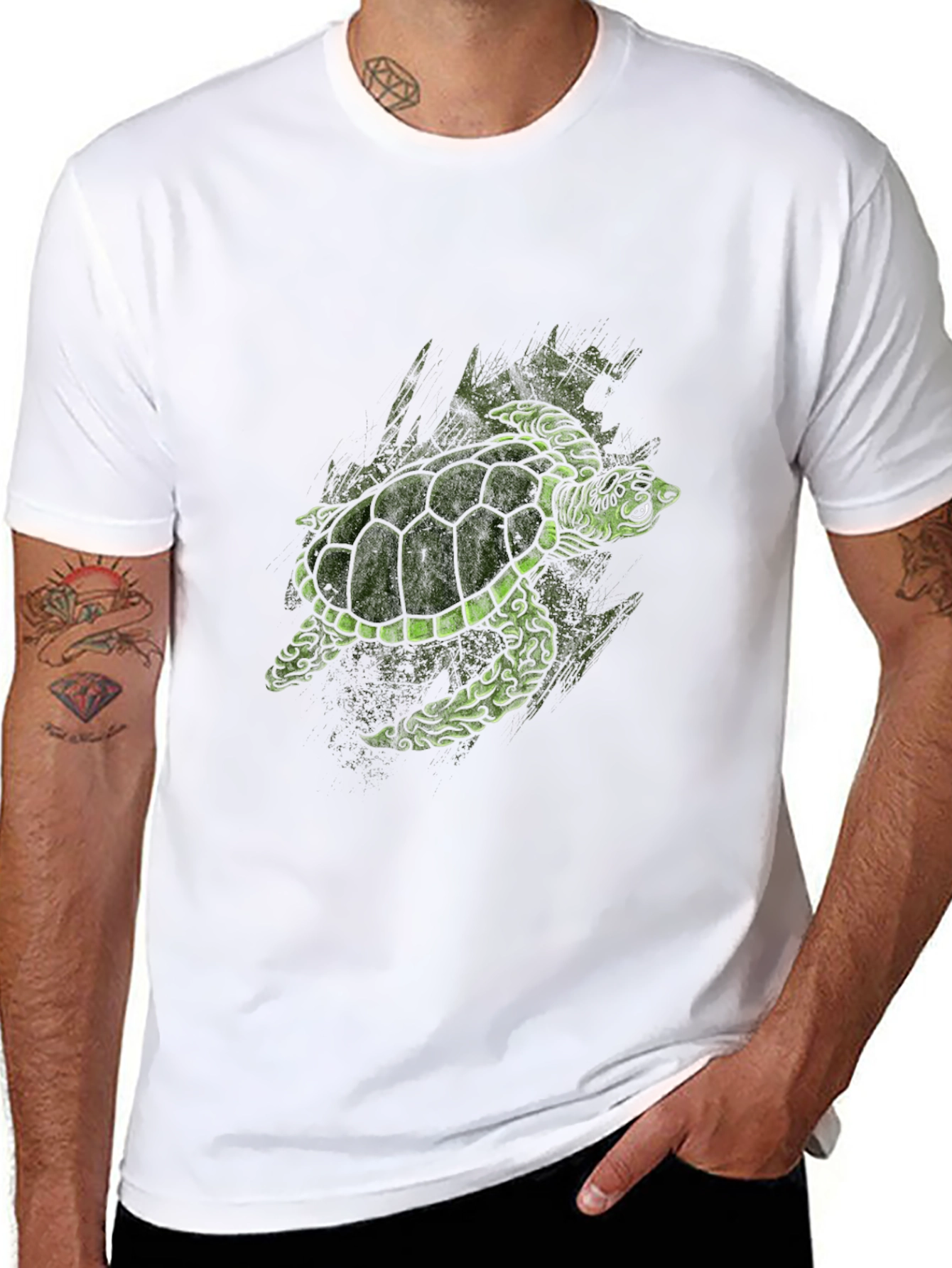Green Turtle Graphic Print Black T-Shirt