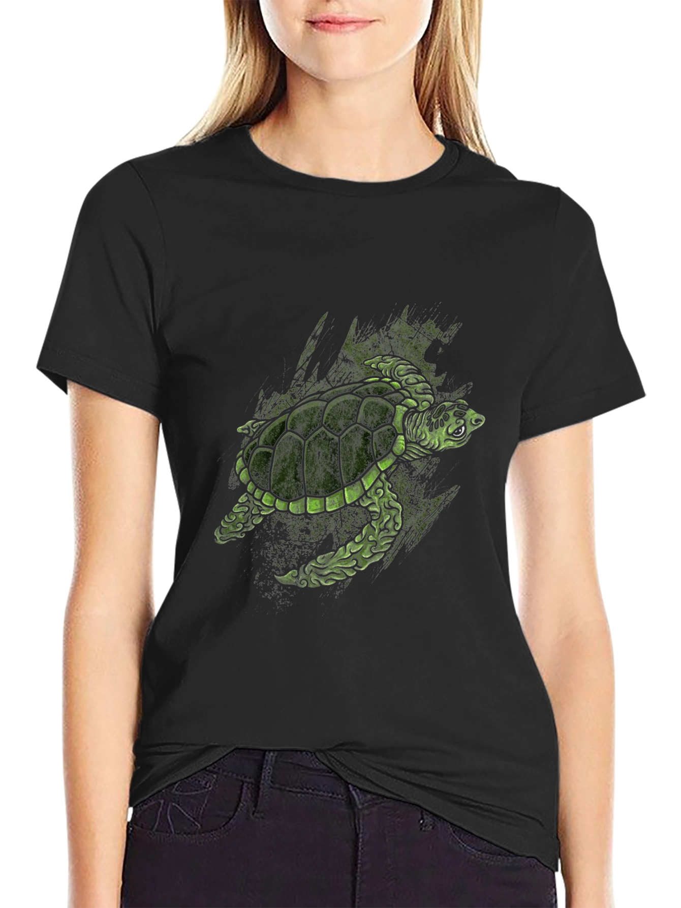 Green Turtle Graphic Print Black T-Shirt