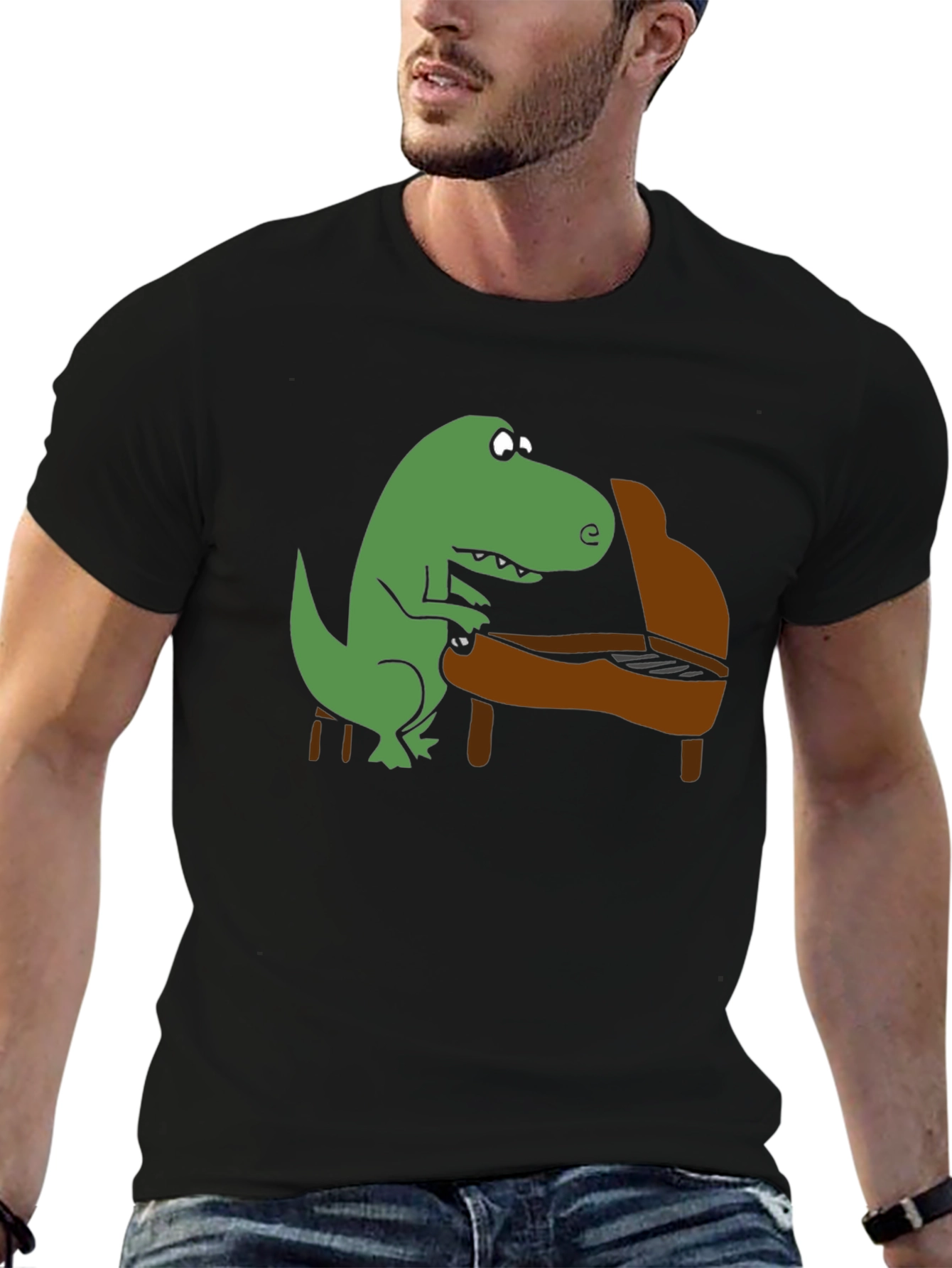 Dino Piano Player Graphic T-Shirt - Black