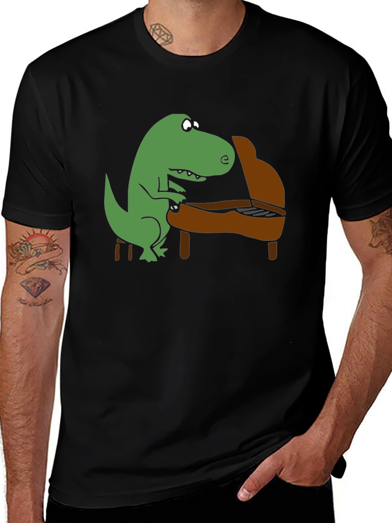 Dino Piano Player Graphic T-Shirt - Black