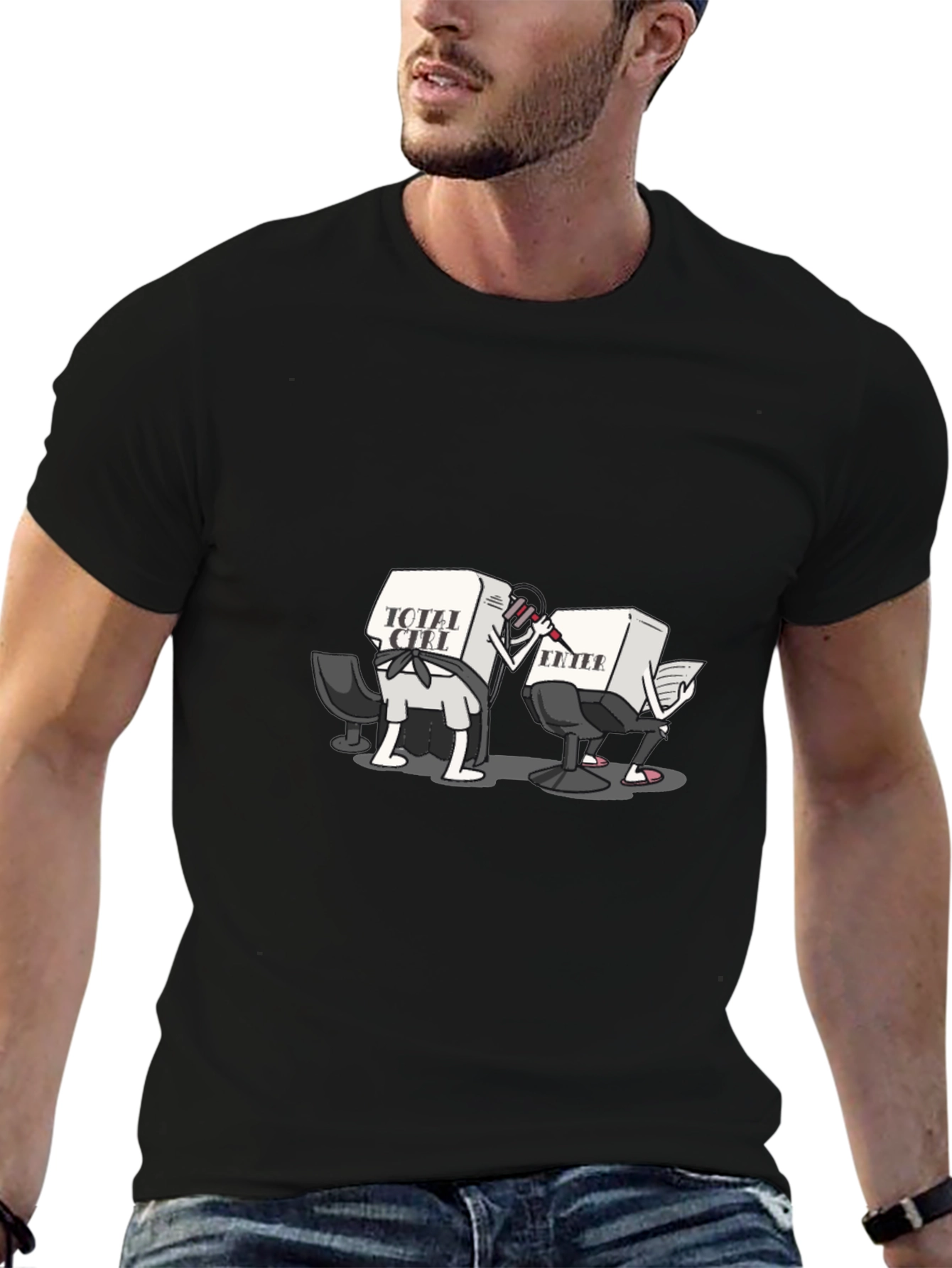 Funny Computer Key Cartoon Black T-Shirt