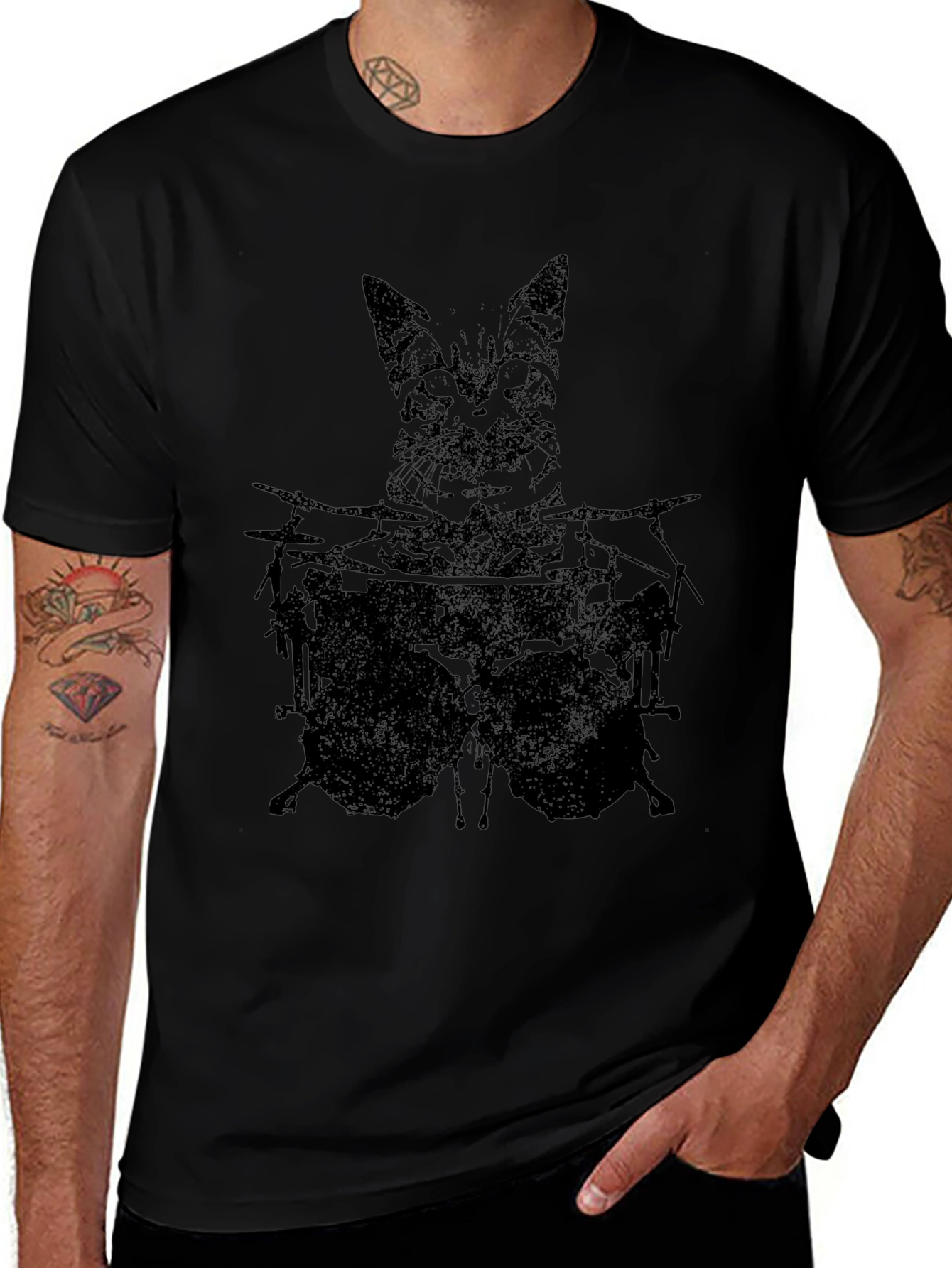 Cat Drummer Graphic Tee - Black Cotton T-Shirt