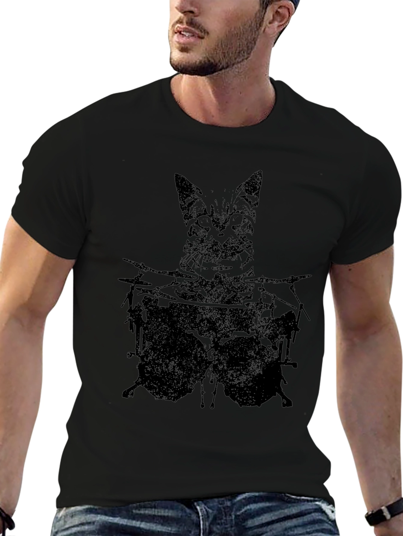 Cat Drummer Graphic Tee - Black Cotton T-Shirt