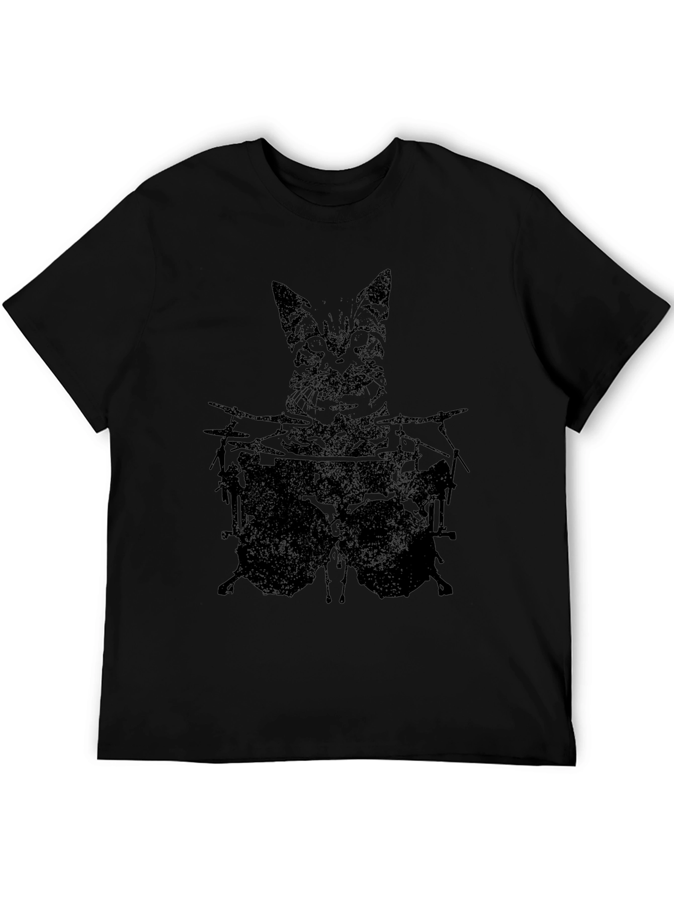 Cat Drummer Graphic Tee - Black Cotton T-Shirt