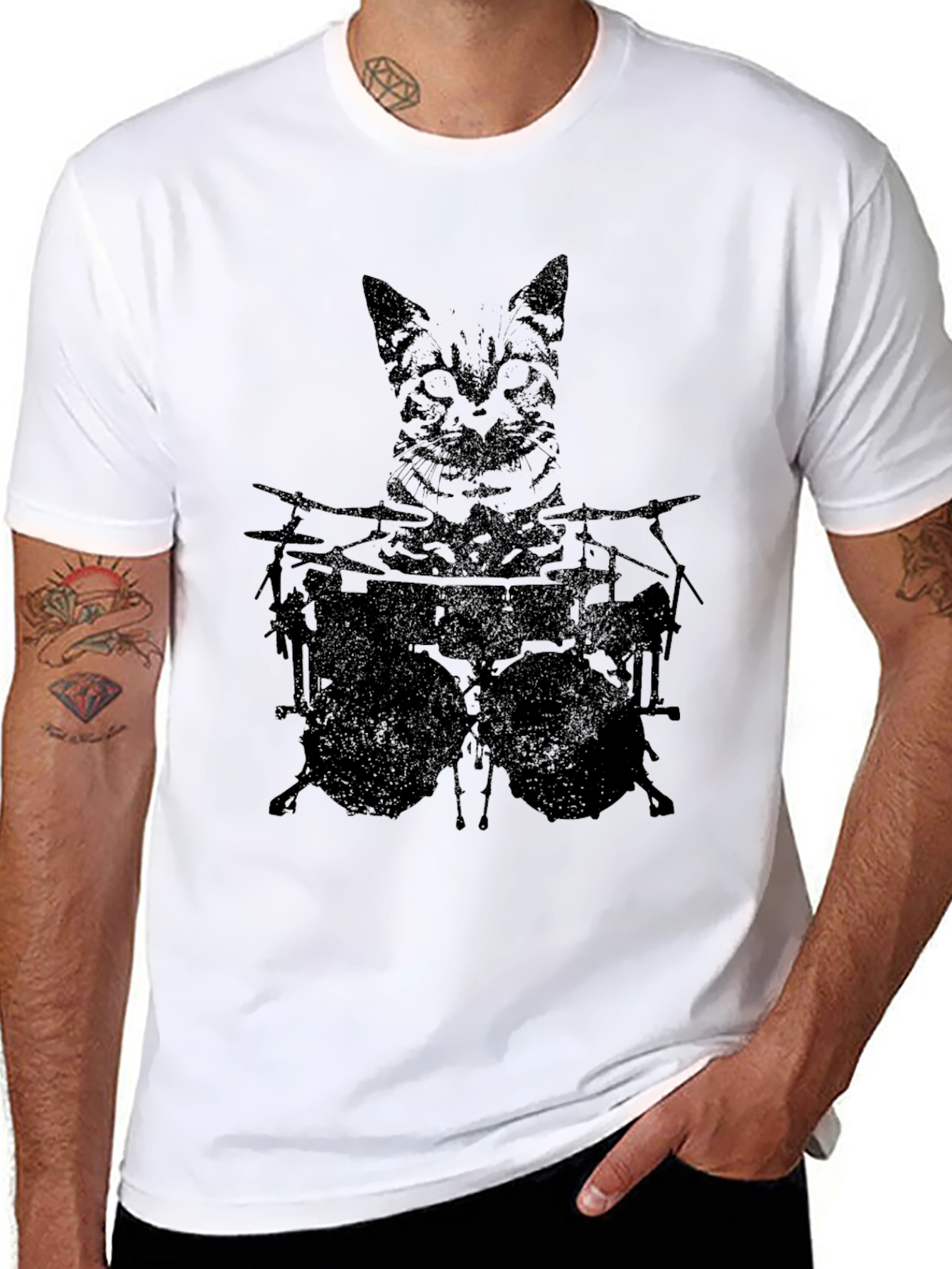 Cat Drummer Graphic Tee - Black Cotton T-Shirt