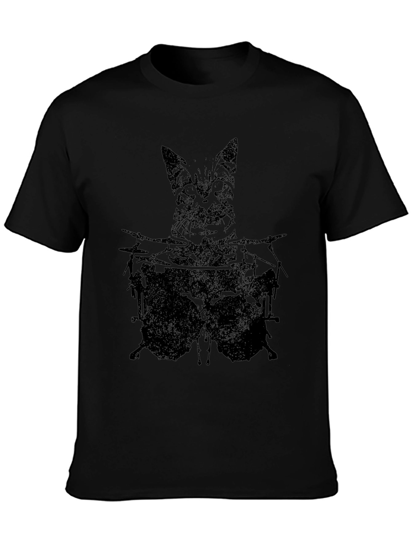 Cat Drummer Graphic Tee - Black Cotton T-Shirt