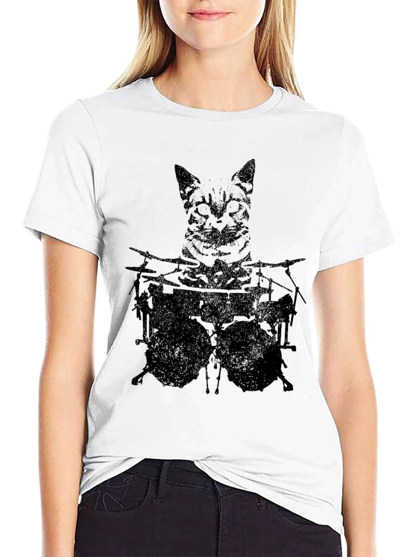 Cat Drummer Graphic Tee - Black Cotton T-Shirt
