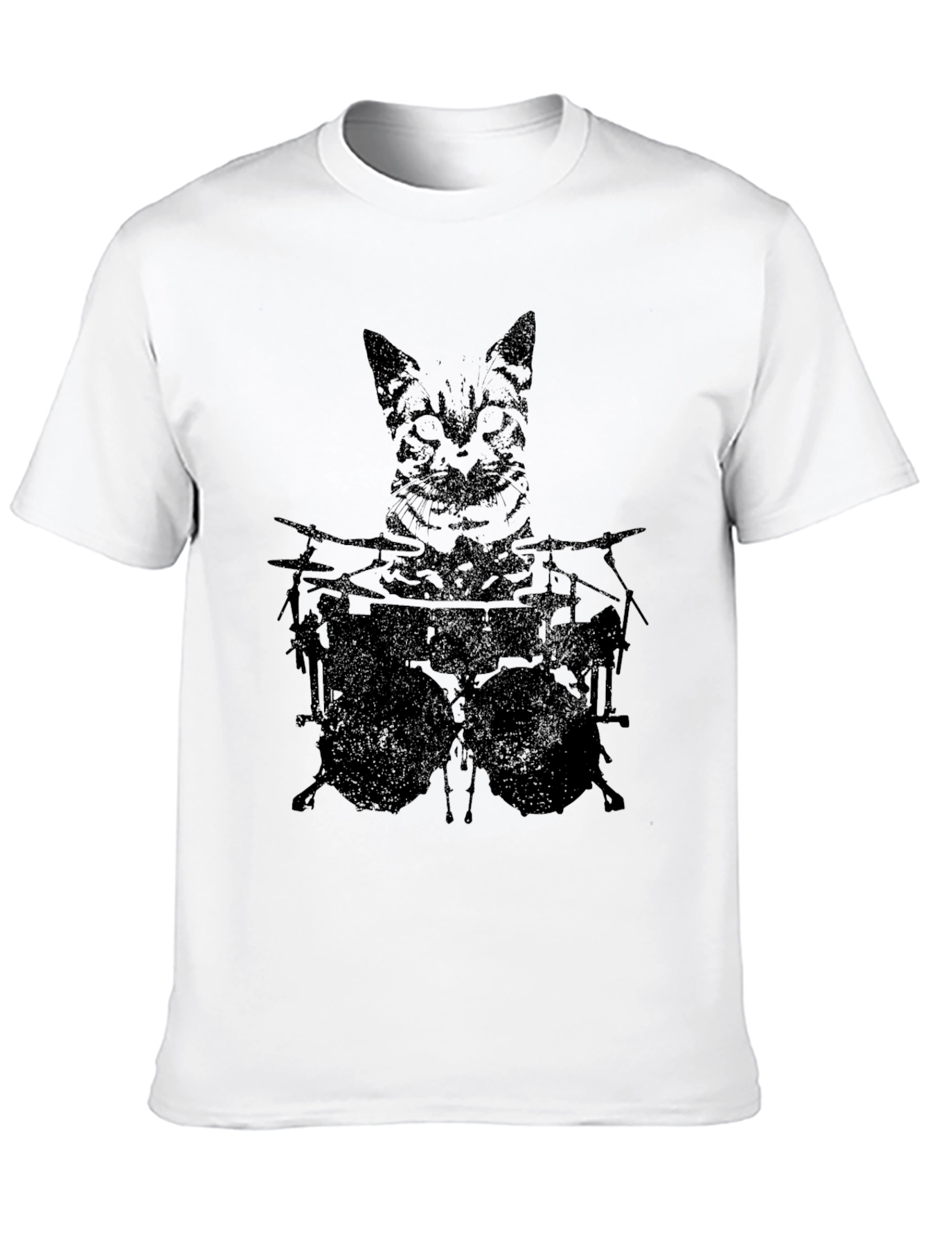 Cat Drummer Graphic Tee - Black Cotton T-Shirt