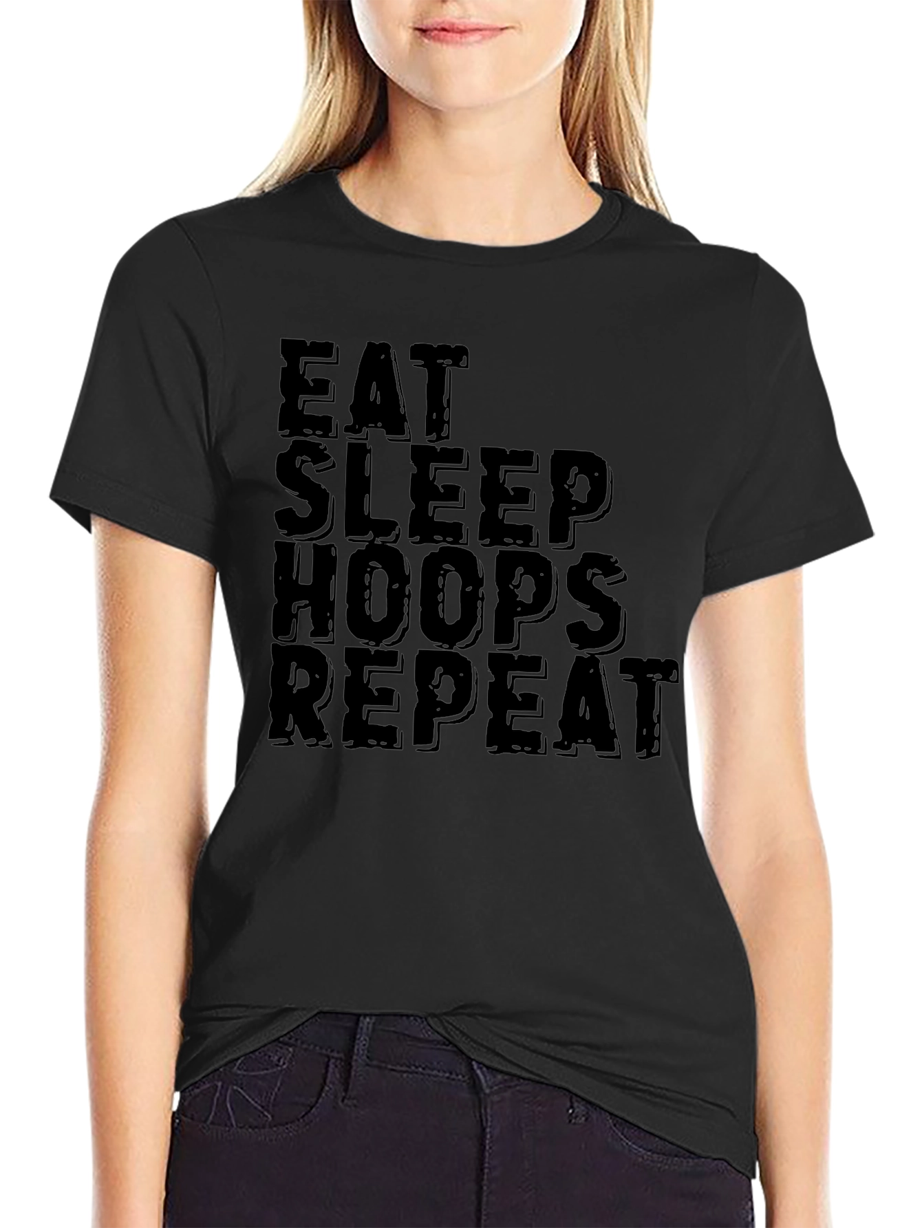 Eat Sleep Hoops Repeat Black Graphic T-Shirt