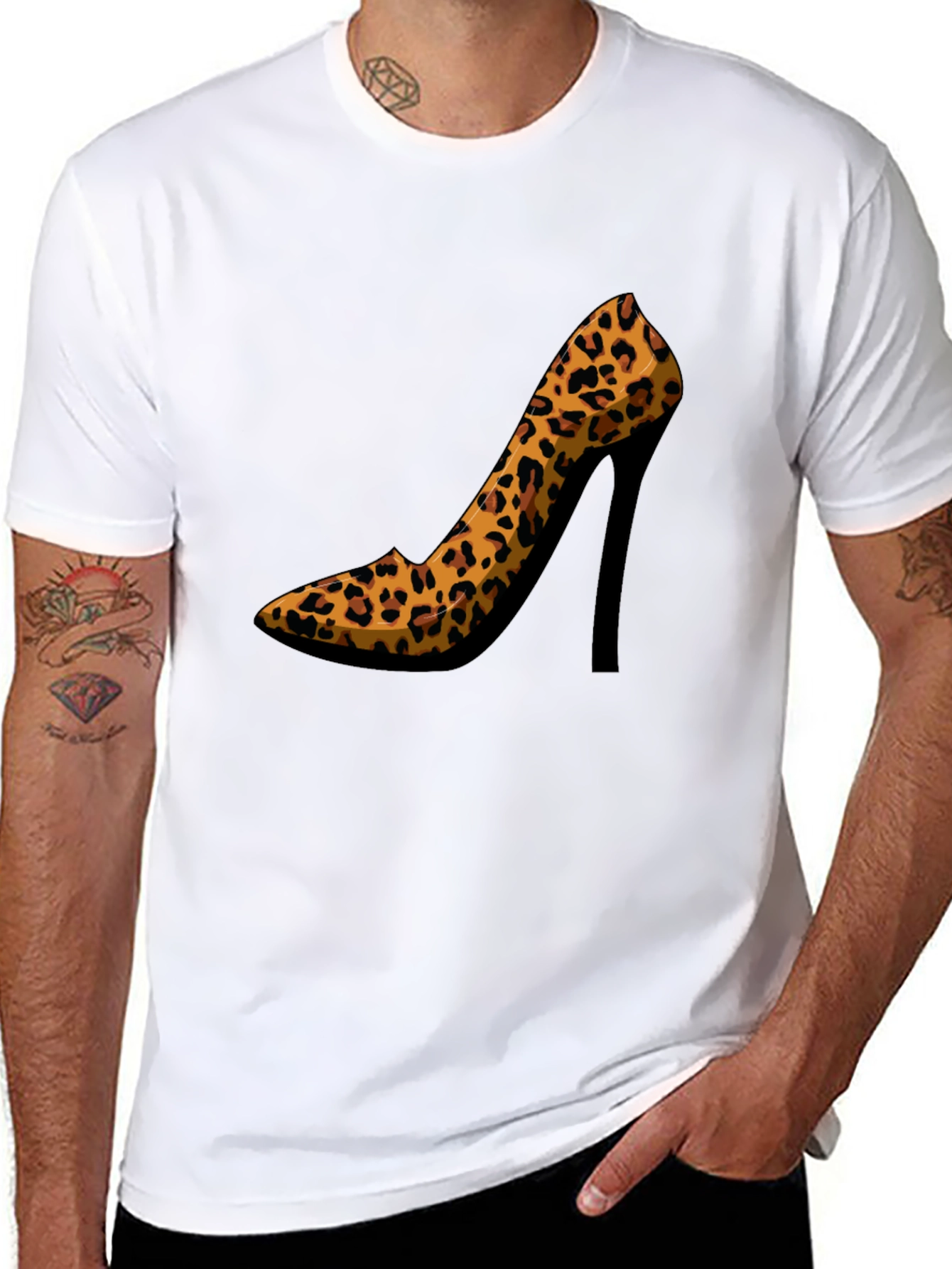 Leopard Print High Heel Graphic Tee - Casual Style