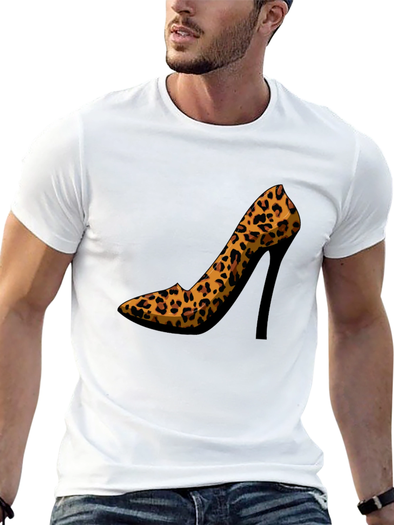 Leopard Print High Heel Graphic Tee - Casual Style