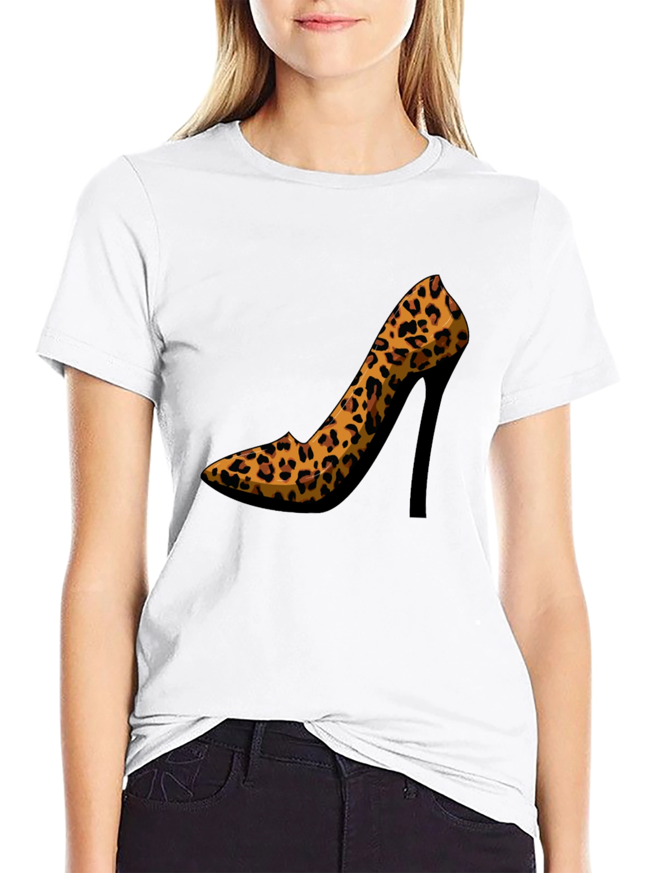 Leopard Print High Heel Graphic Tee - Casual Style