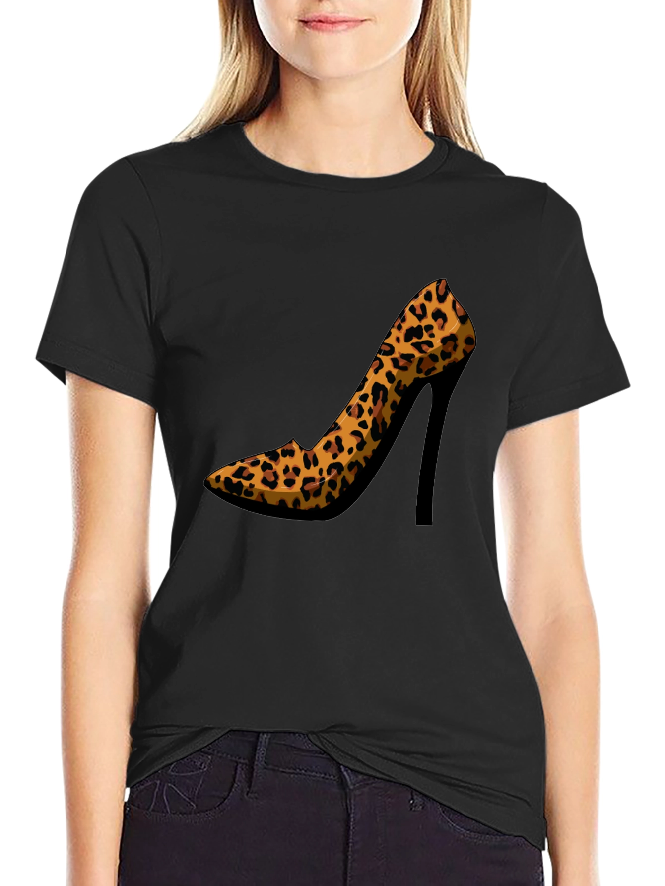 Leopard Print High Heel Graphic Tee - Casual Style