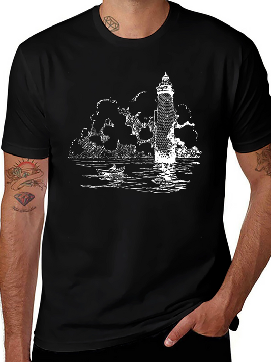Lighthouse Graphic Tee - Black Cotton T-Shirt