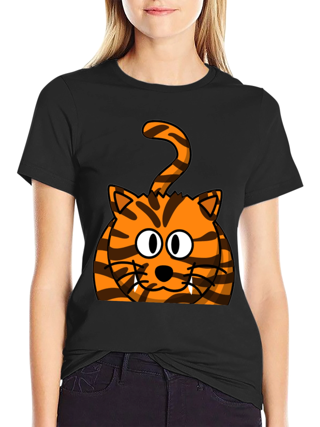 Cartoon Tiger Graphic Tee - Black Cotton T-Shirt