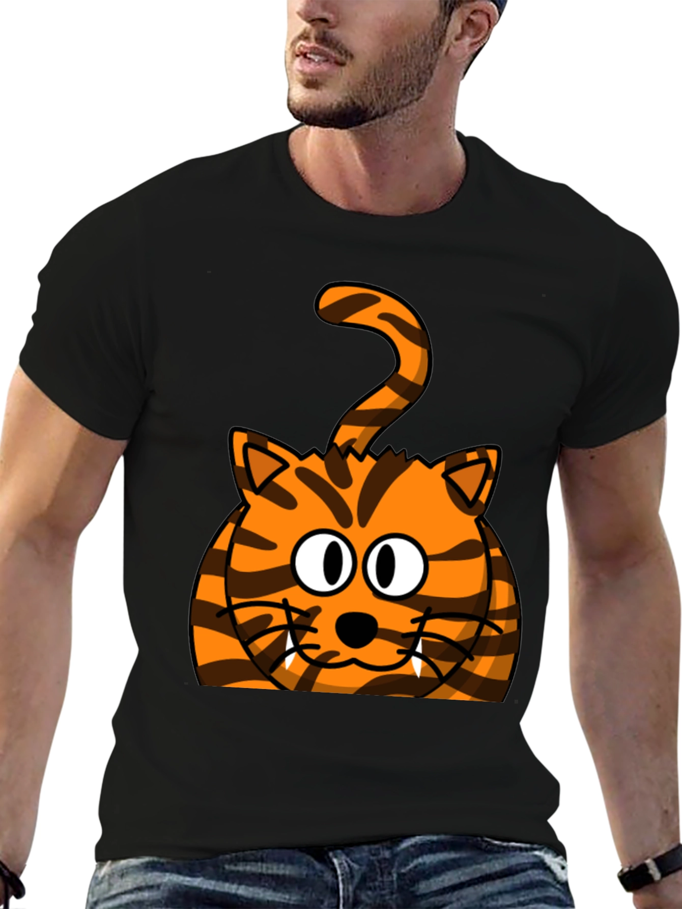 Cartoon Tiger Graphic Tee - Black Cotton T-Shirt
