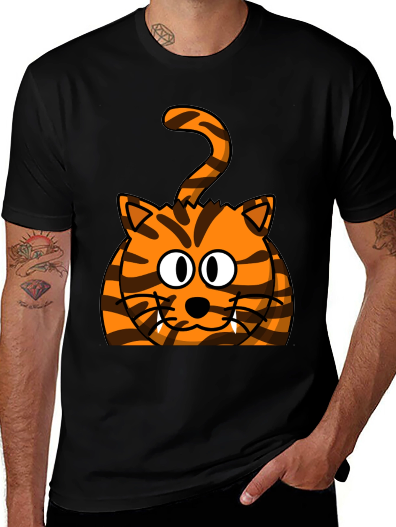 Cartoon Tiger Graphic Tee - Black Cotton T-Shirt