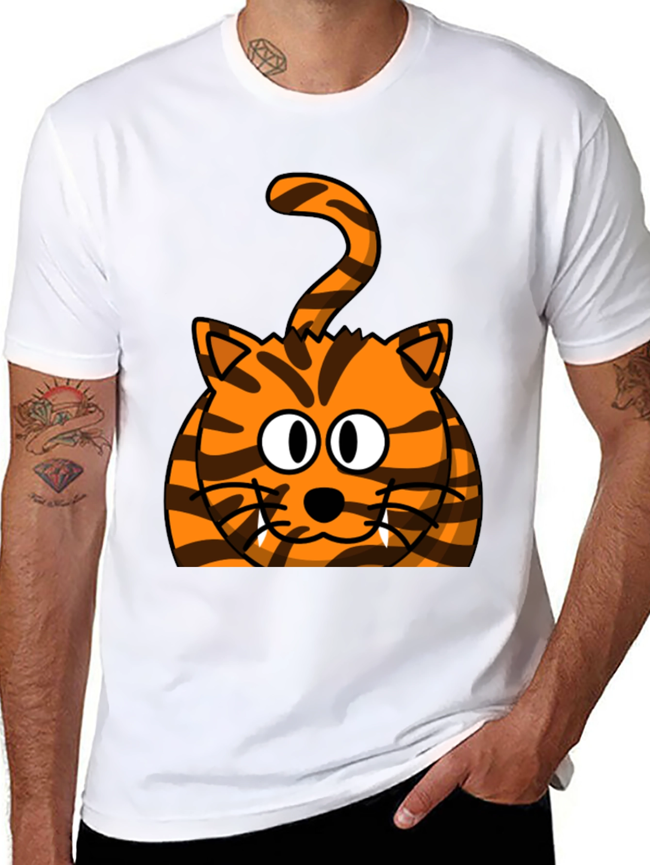 Cartoon Tiger Graphic Tee - Black Cotton T-Shirt