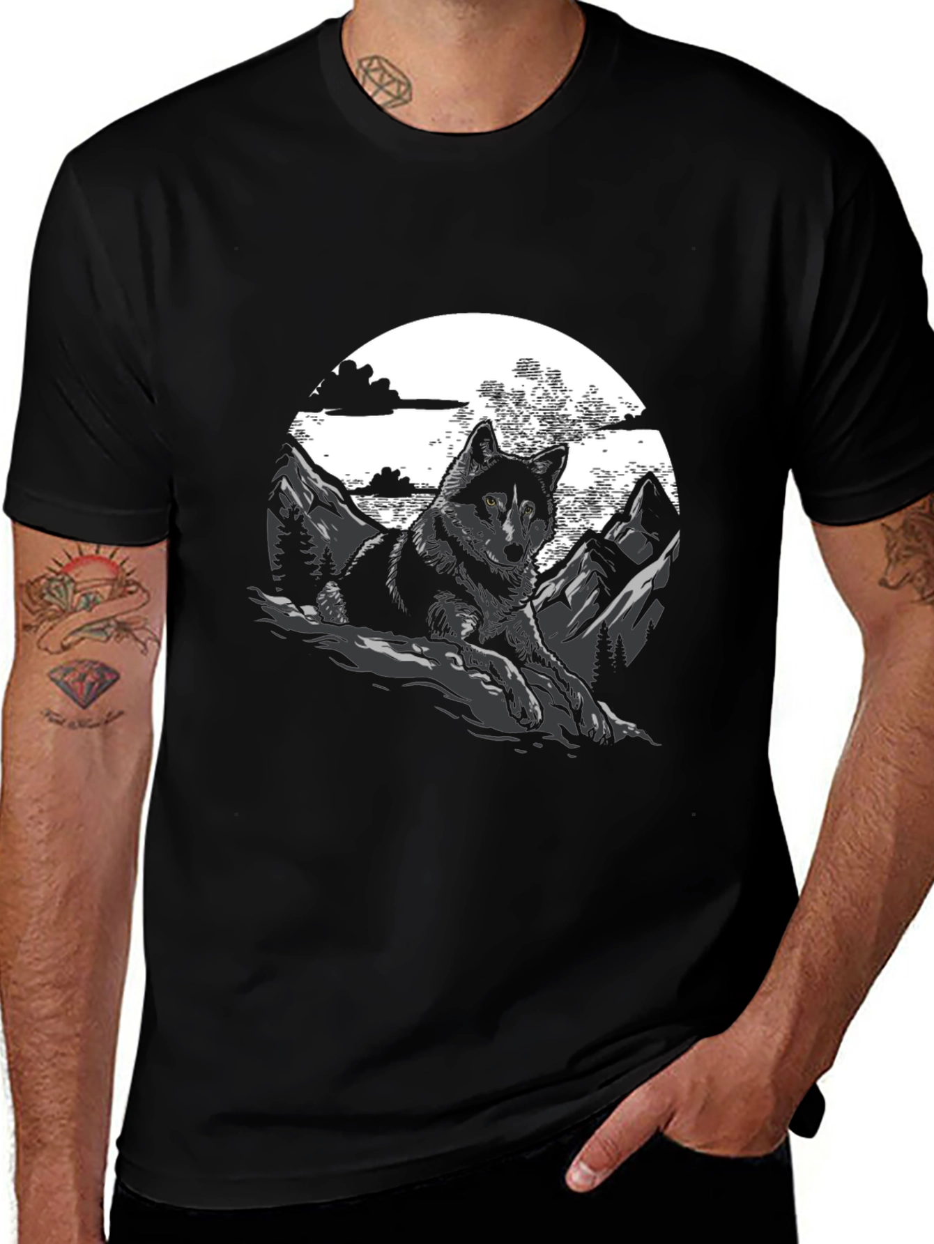 Wolf & Mountain Graphic T-Shirt - Stylish Mens Tee