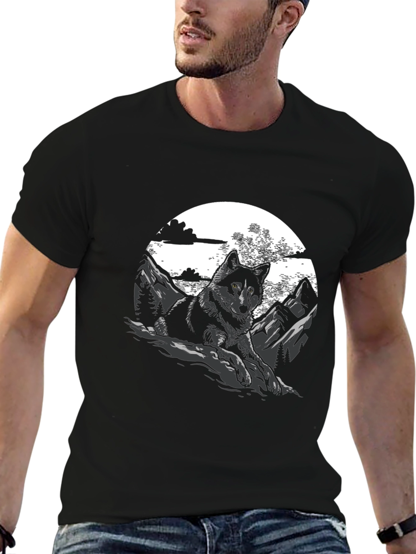 Wolf & Mountain Graphic T-Shirt - Stylish Mens Tee